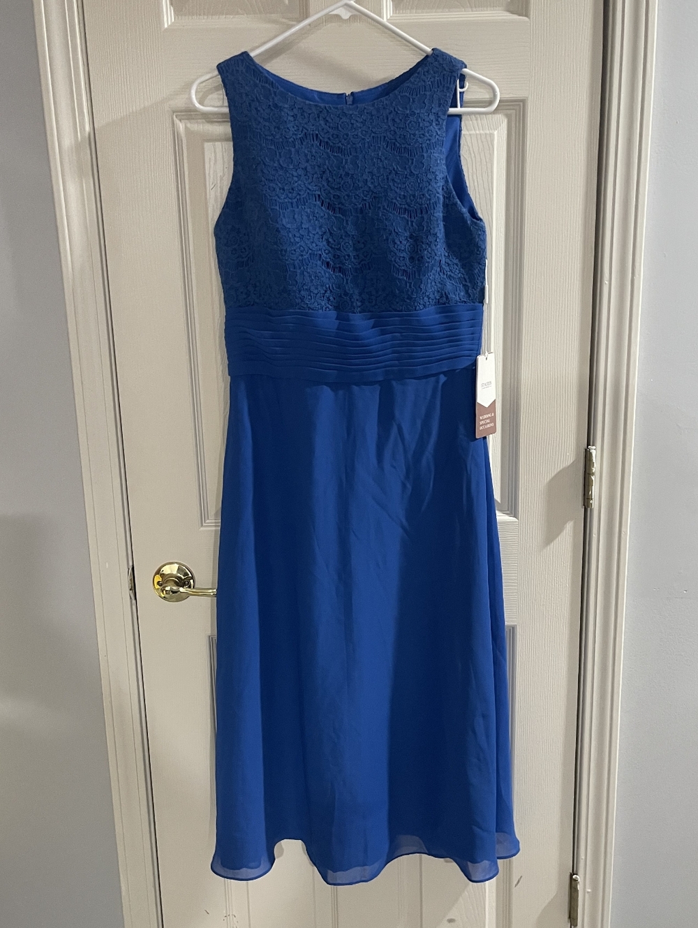 NWT STACEES Womens Ocean Blue High Neck Lace Accent Formal Sleeveless Midi Dress
